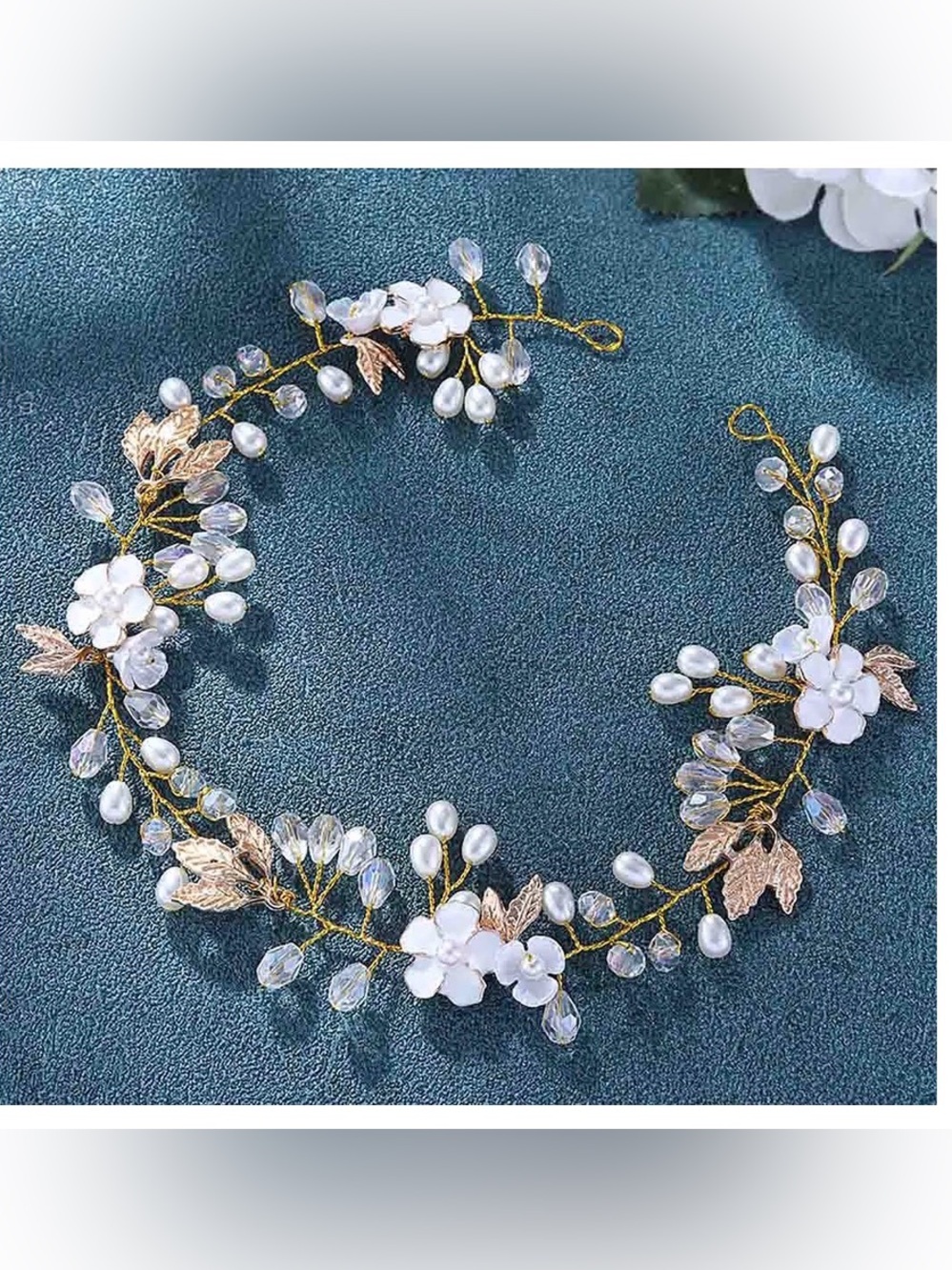 Gold Crystal & Pearl Floral Hair Vine - White